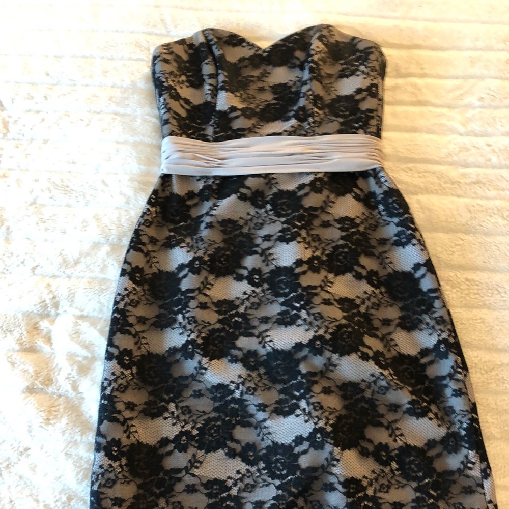 Black lace covered grey dress with corset back